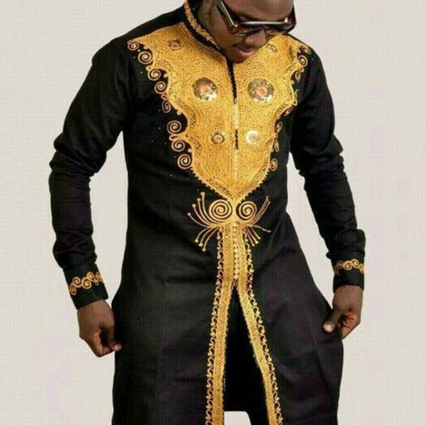 

men's casual shirts fashion gold print split medium length african style large shirt, White;black