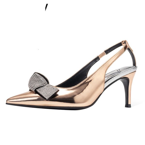 

sandals summer high heels shoes women bow-knot crystal decor pointed toe slingback gold silver mirror leather dress party pumps sa, Black