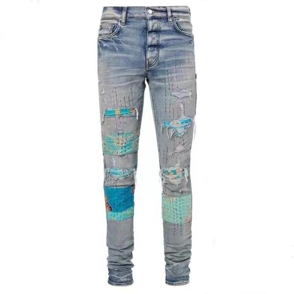 

men's jeans high-quality quilted applique detail slim, Blue