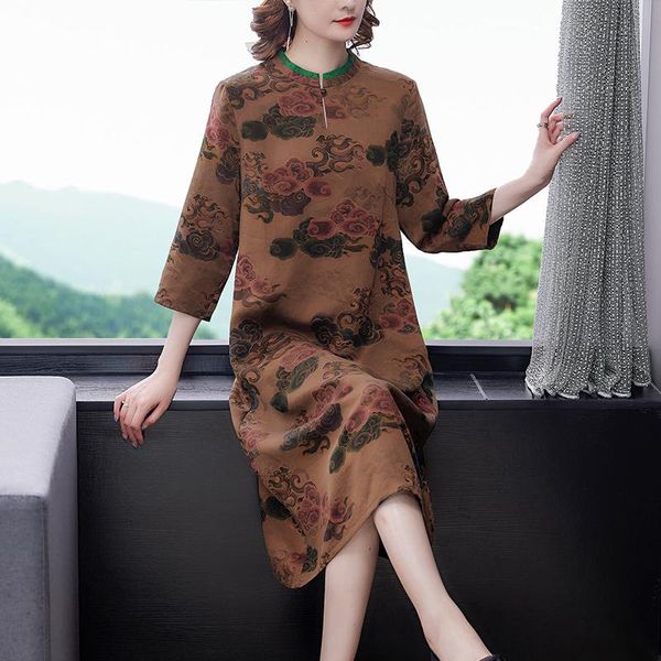 

casual dresses spring red floral mulberry silk loose midi dress autumn women vintage chinese style 2021 elegant bodycon party vestidos, Black;gray