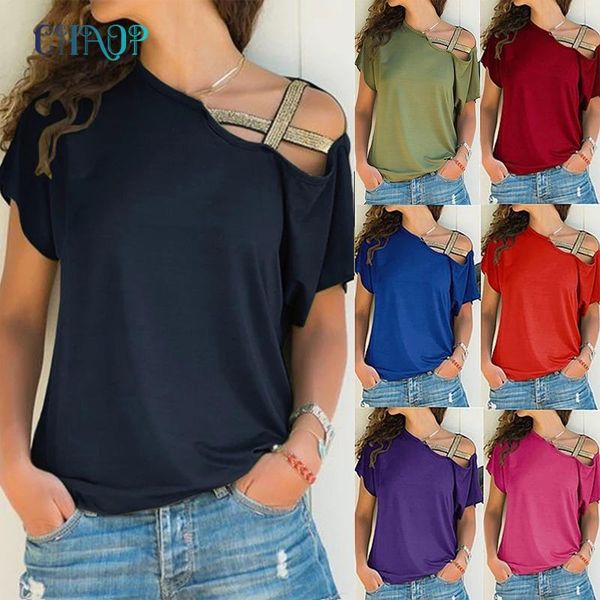 

women's t-shirt summer short sleeve irregular collar loose casual oblique shoulder cross women slim, White