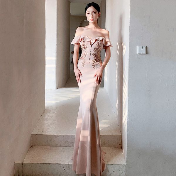 

banquet evening drs female 2021 summer atmospheric celebriti one shoulder elegant long fishtail annual meeting host, Black;gray