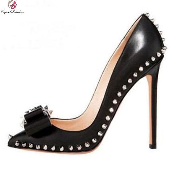 

dress shoes woman party wedding high heels metal decoration rivet butterfly knot pumps pointed toe thin stiletto big size 34-45, Black