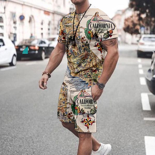 

world map pattern men's sports suit short sleeve t-shirt with shorts comfortable breathable dry daily leisure workout, Gray
