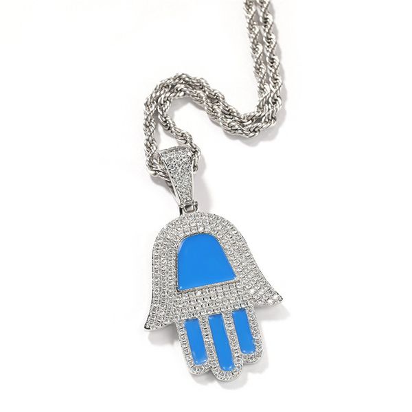 Donna Uomo Collana a mano di Hamsa Ciondolo Argento Colore Rame Ghiacciato Zircone Occhio diabolico Catena pendente Gioielli Hip Hop