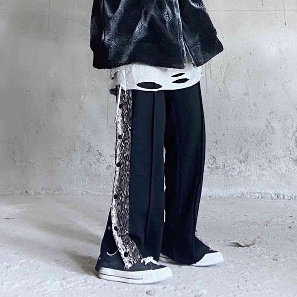 

side snake pattern double breasted fleece sweatpants men and women streetwear drawstring straight wide leg casual trousers, Black