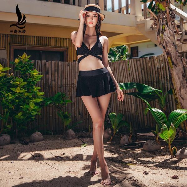 

women's swimwear sanqi bikini female sense body skirt size chest gather show skinny spring swimsuit split-body swimwear suit1 xf2z, White;black