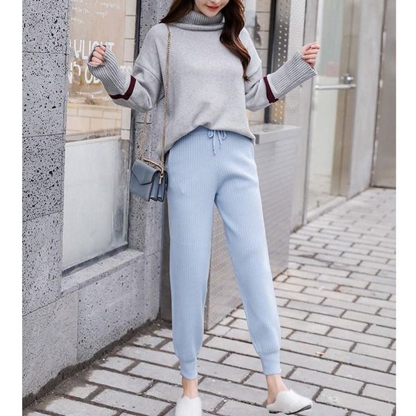 

women's pants & capris spring autumn knitted harem women elegant solid high waist sweatpants casual female loose trousers, Black;white