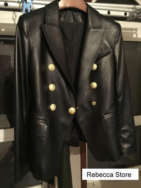 

women's leather & faux [elfstyle] - fashion brand women black double breasted genuine jacket golden buttons slim jackets coat side pock