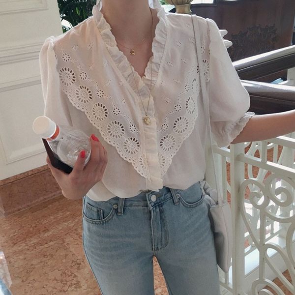 

korean retro blouse small fresh v-neck ruffled bubble sleeve shirt summer hollow out female short sleeve shirt x0521, White