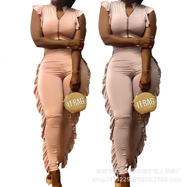 

summer ruffle low cht zipper jumpsuit women's wear, Blue