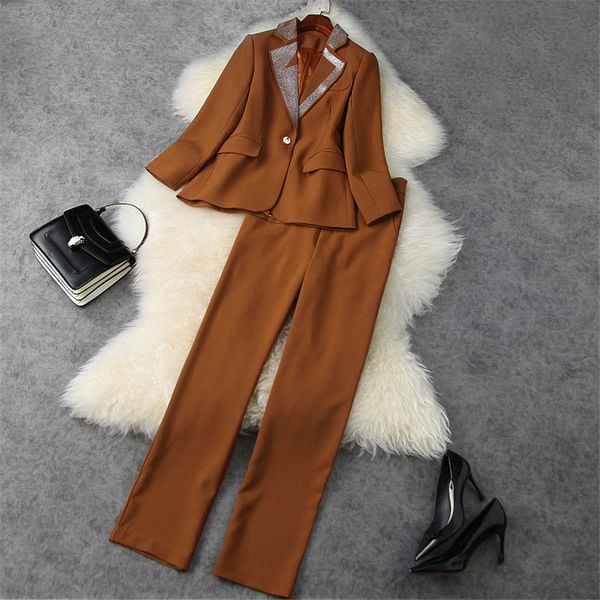 

pant luxury diamonds engraved blazer and women's suit elegant lady in office two pieces formal dress, White