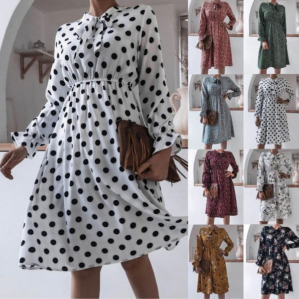 

casual dresses #l5 polka dot print flared sleeve dress women bow neck slim knee-length spring autumn long eelgant, Black;gray