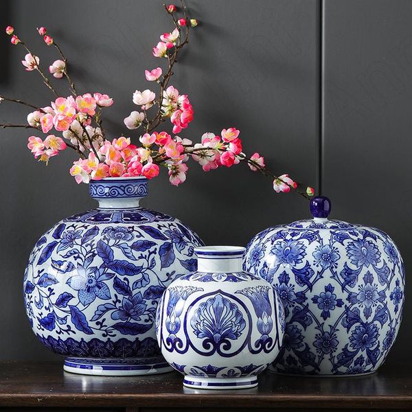 Vasen Runde große blaue und weiße Porzellanvase chinesische Vintage kreative Keramikornamente Büro Bücherregal Blumentöpfe dekorativ