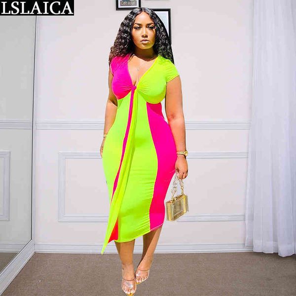 

short sleeve dress deep v-neck elegant long women high waist plus size party colorful patchwork 210520, Black;gray