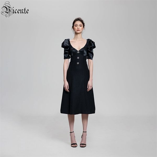 

ladies dress celebrity party bubble short sleeve v-neck button design black mid-length 210520, Black;gray