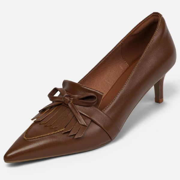 

women's genuine leather thin high heel pointed toe slip-on pumps elegant ladies fringe bowtie daily dress heels shoes for women, Black