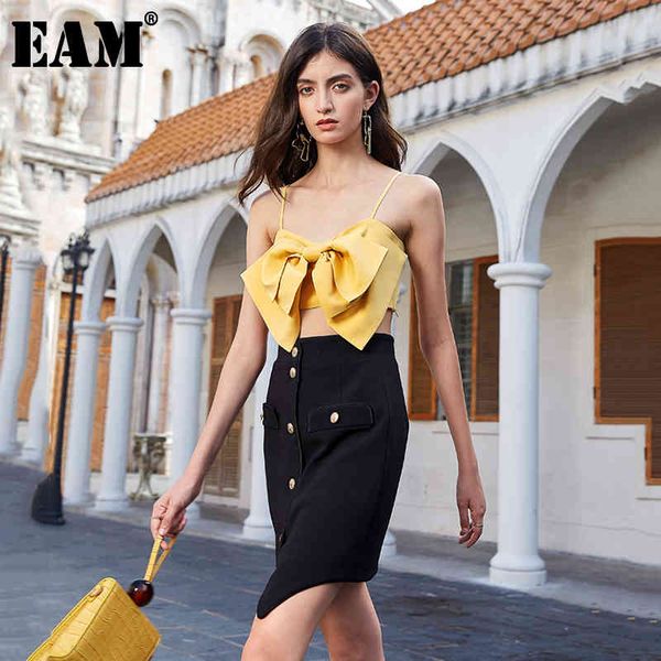 

[eam] women yellow bandage bow split joint short tank sleeveless personality fashion spring summer 1u682 21512, White