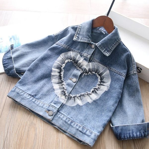 Bebek Erkek Kız Tasarımcı Ceketler Moda Dantel Aşk Kalp Uzun Kollu Çocuklar Denim Ceket Ceket Çocuk Yaka Rahat Dış Giyim Butik Giyim S1529