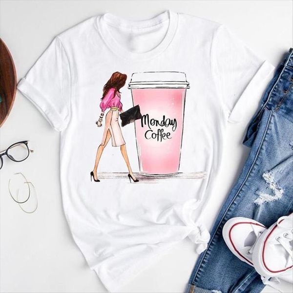 

graphic cartoon coffee printing fashion women t shirt print short sleeve summer clothes tees, White