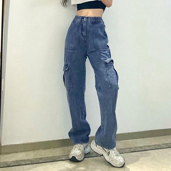 

women's jeans vintage baggy women 90s streetwear pockets wide leg pants high waist straight stitched pocket denim trousers 2021, Blue