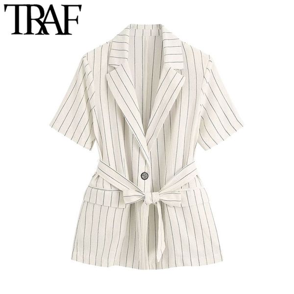 

women fashion single button striped with belt blazers coat vintage short sleeve pockets female outerwear chic 210507, White;black