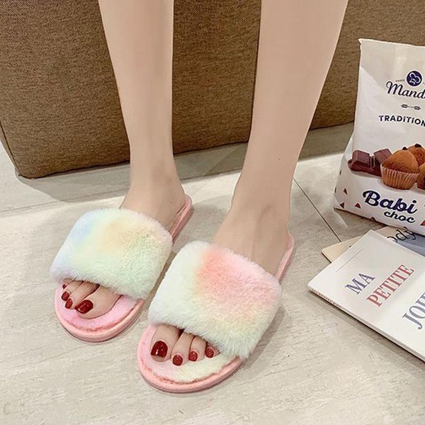 

women faux fur home warm slippers winter 2021 fashion woman shoes women's mix color flats ladies slides female drop, Black