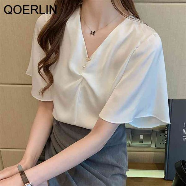 

qoelrin beading v-neck chiffon blouse shirt women s shor sleeve white blusas mujer de moda plus 210601