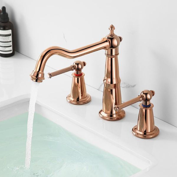 

luxury brass bathroom sink faucet 3 holes 2 handles basin mixer tap fashion copper original design faucet,rose gold faucets