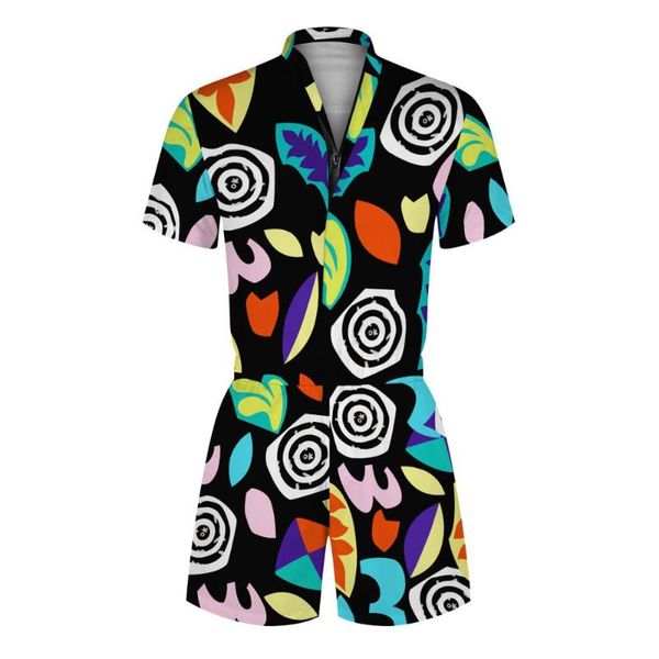 

women's jumpsuits & rompers women men floral print short sleeve zipper romper beach casual cargo pants jumpsuit overall shirt t-shirt s, Black;white