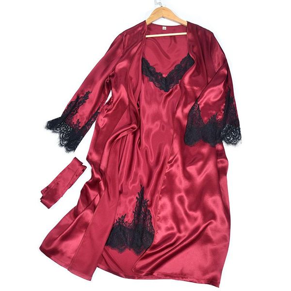 

women's sleepwear silk nightgown summer lace slip nightdress spring and autumn homewear pajamas two-piece set, Black;red