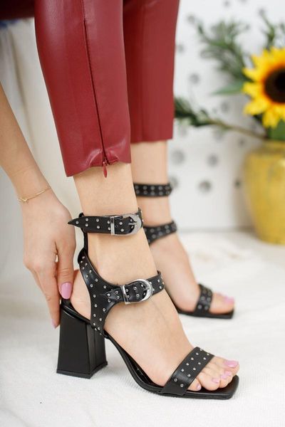 

dress shoes women's black high-heeled trok detailed stubby toe