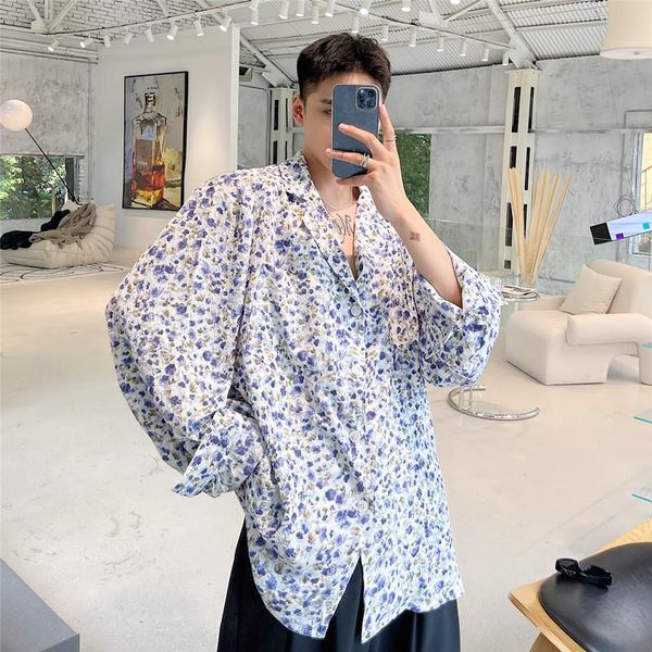 

men's casual shirts men yuppie korean streetwear fashion loose long sleeve blue flower shirt vintage trend male top, White;black