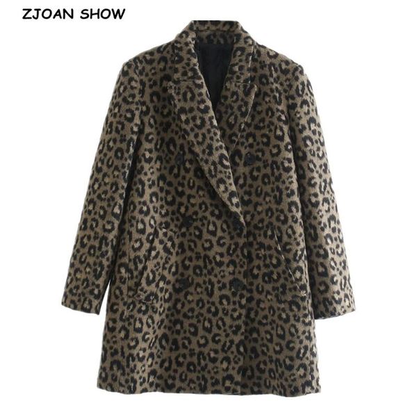 

winter coffee animal leopard pattern elegant woolen blends coat notched collar long sleeve mid ol blazer outerwear women's wool &, Black