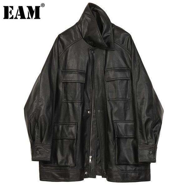 

women's leather & faux [eam] loose fit pu pocket big size jacket lapel long sleeve women coat fashion tide spring autumn 2021 1de0648, Black