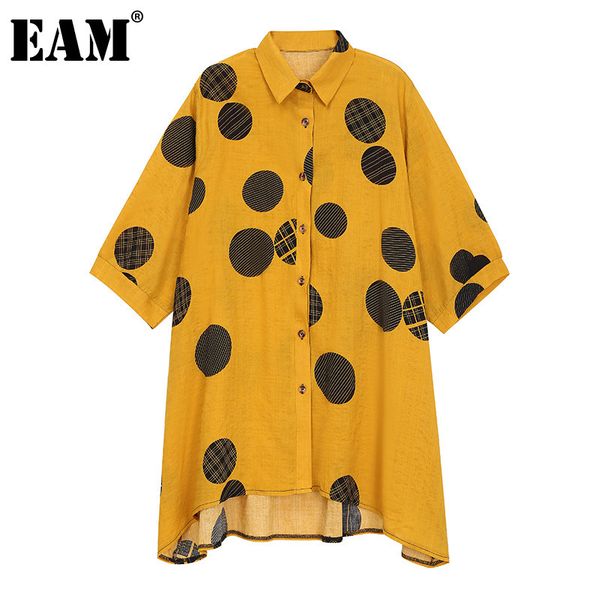 

[eam] women big size irregular yellow printed dots blouse lapel half sleeve loose shirt fashion summer 1dd7597 210512, White