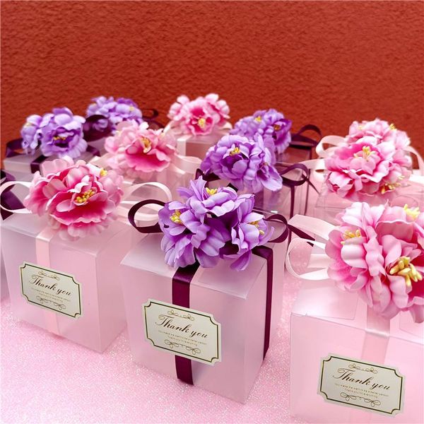 

gift wrap 5/20/30/50pcs thank you clear box tiffany blue ribbon purple artificial flower matte pvc boxes wedding pack of dragees