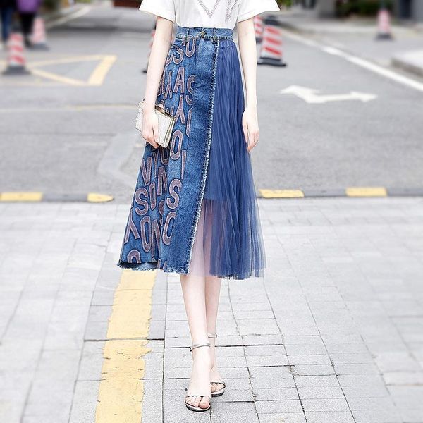 

high waist midi denim skirts women 2021 summer a-line irregular pleated patchwork mesh skirt letter print harajuku faldas mujer, Black