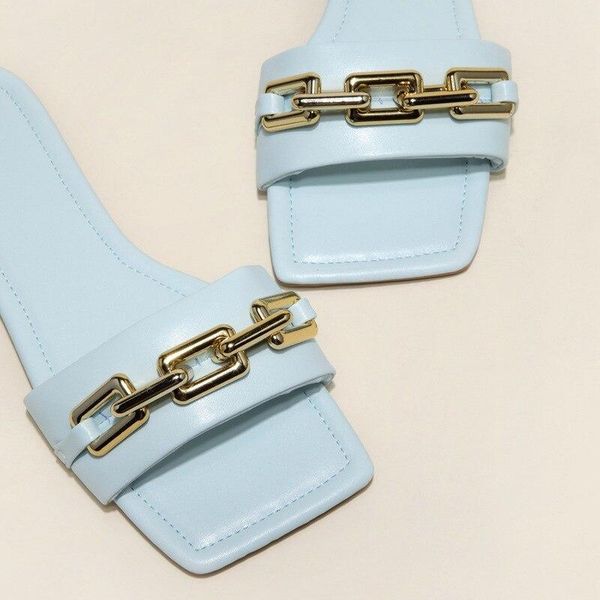 

brand design gold chain women slipper closed toe slip on mules shoes square head low heels casual slides flip flop fashion slippers, Black