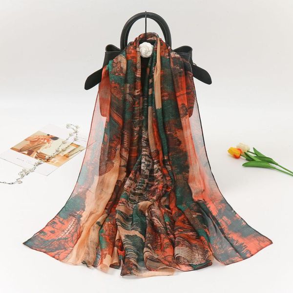 

scarves luxury designer ladies long silk scarf shawl retro oil painting travel beach sunscreen woman wrap foulard, Blue;gray
