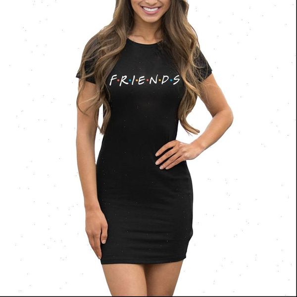 

friends print short sleeve women dresses o neck summer casual black midi dress nightclub party dating, Black;gray