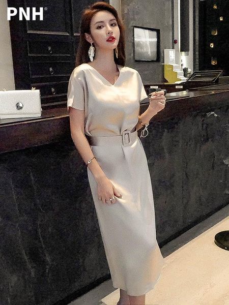 

casual dresses beige acetate satin dress 2021 summer loose chiffon v-neck fashion, Black;gray