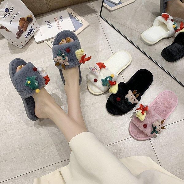 

slippers faux fur women autumn winter warm shoes woman slip on flip flops female slides plus size, Black