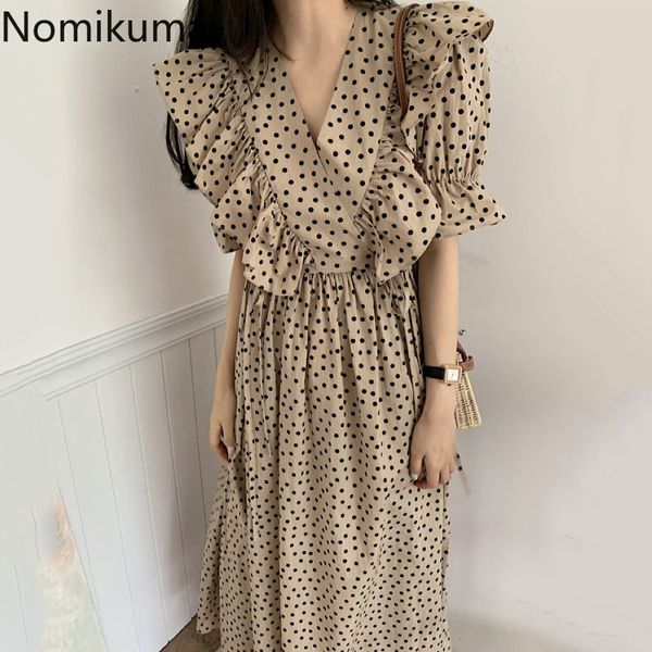 

nomikuma korean dot women dress ruffle patchwork v-neck short sleeve vestidos femme slim waist summer new dresses 6g241 210427, Black;gray