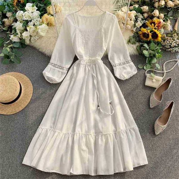 

women white dress spring autumn slim square neck patchwork lace es ladies cuasal ruffles vestidos mujer 210525, Black;gray