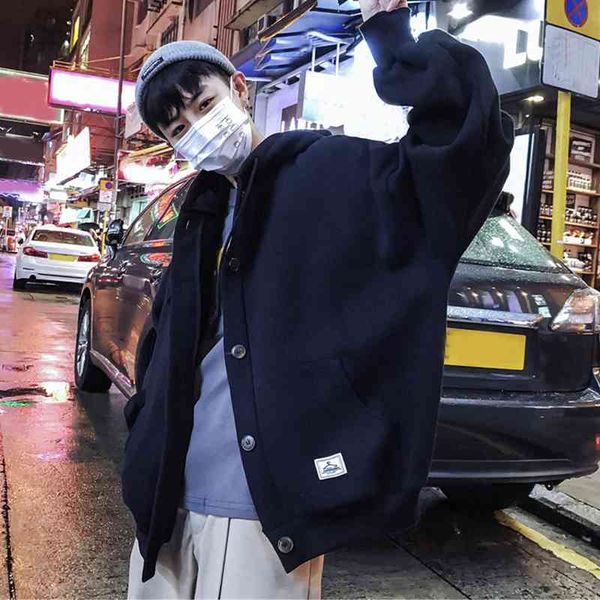 

men casual ets solid sweatshirt pocket loose long sve button blouse thick windbreaker hooded clothing male coat, Tan;black