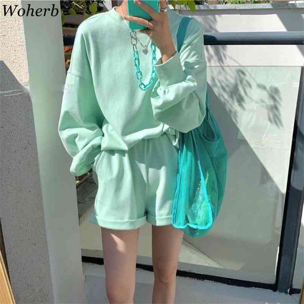 

korean casual suit o neck loose shirts high waist wide leg short pants tracksuit fashion two piece set women femme roupas 210519, White