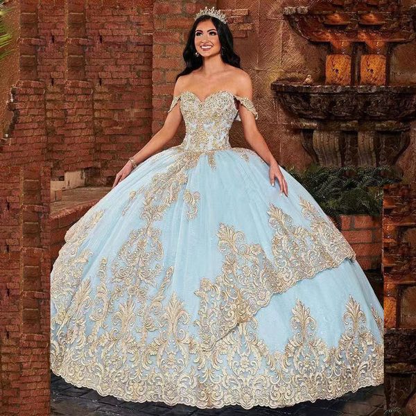 Blue Princess Quinceanera платья с плечевой золотой кружевной аппликации пухлая юбка плюс размер сладкий 16 выпускного баллы