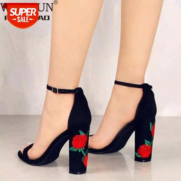 

suede shoes woman sandal embroider high heel women sandals ethnic flower floral party plus size zapatos mujer #ke4p, Black