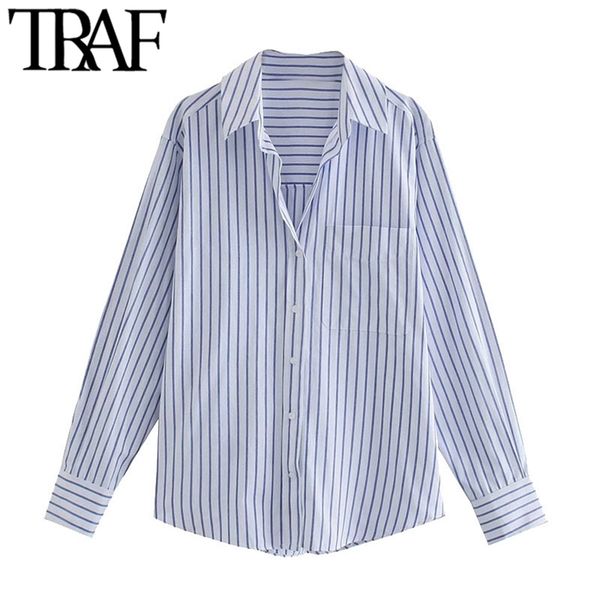 

traf women fashion office wear striped loose blouses vintage long sleeve pockets female shirts chic 210730, White